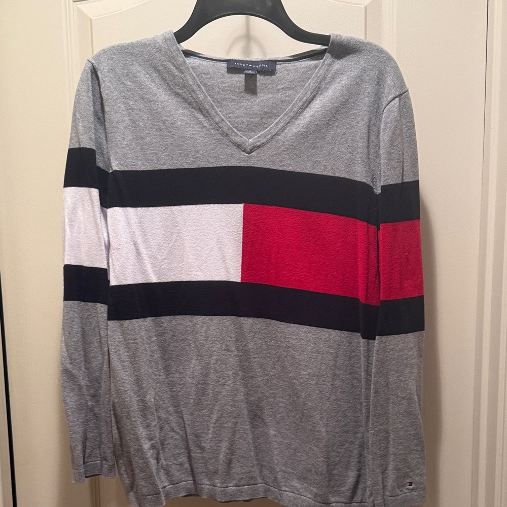 Tommy Hilfiger Women’s V-Neck Sweater in Gray, Red, and White